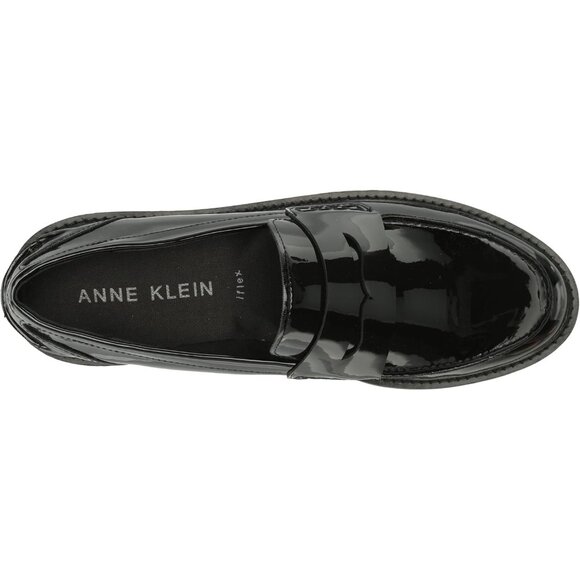 Anne Klein Womens Black Patent Rubber Low Chunky Heel Rounded Toe Loafer Flat - Picture 5 of 8